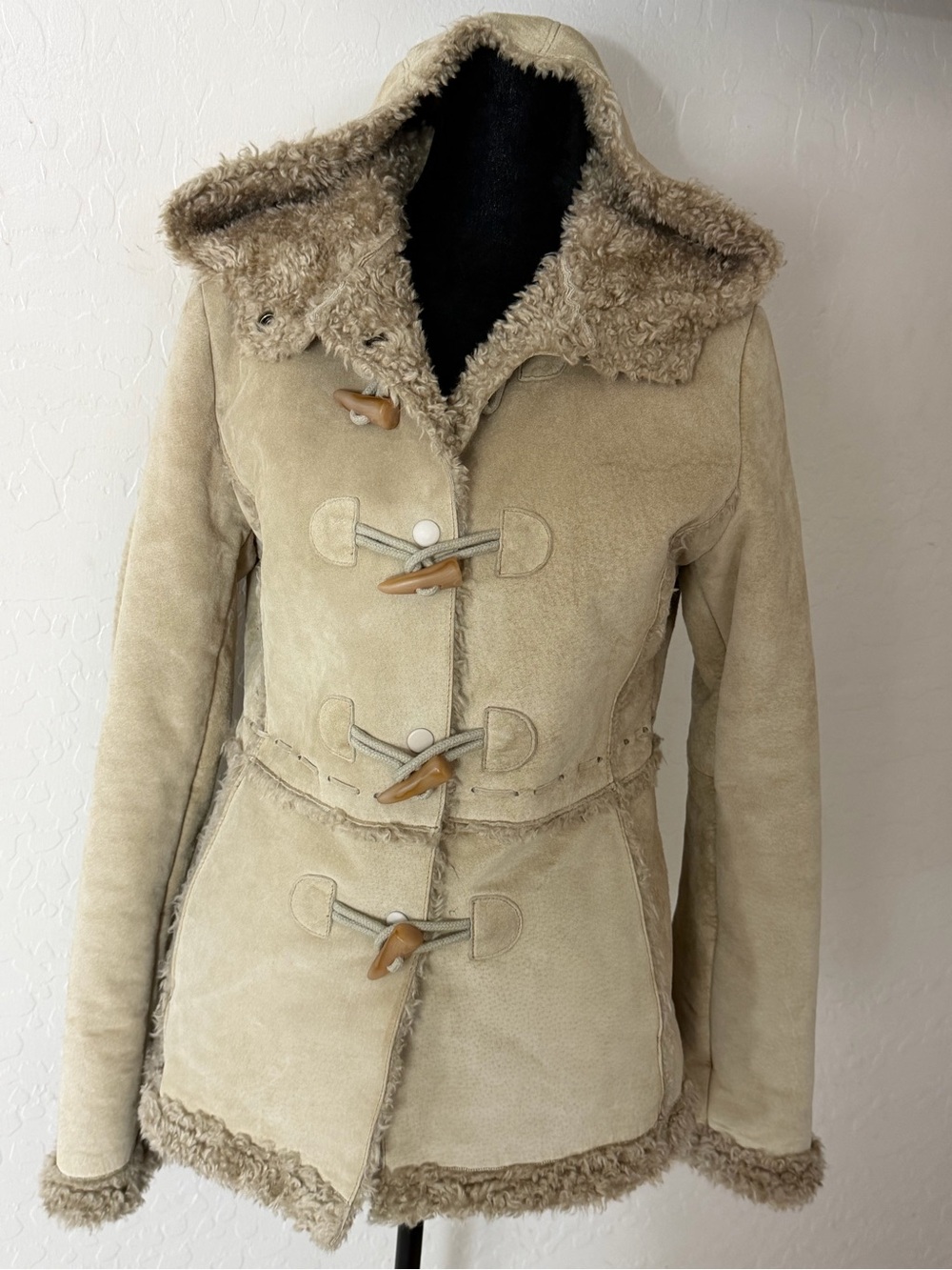 Reaction Kenneth Cole Genuine Leather Shearling Toggle Coat Small